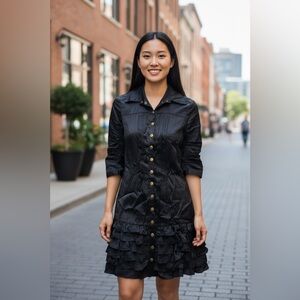 Black Satin Button Down Ruffle Dress – Size XS